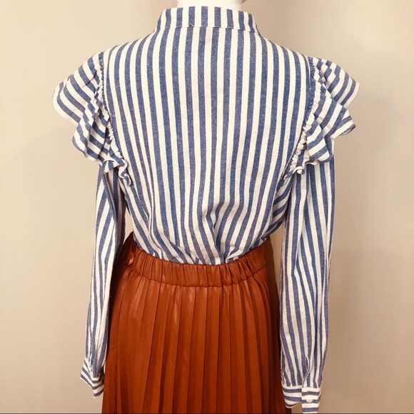 SOLD Blue & White Stripe Cotton Long Sleeve MVN Ruffle Button Up Shirt 12 - Picture 10 of 16